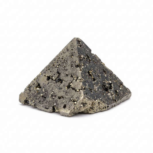 Natural metallic Pyrite geode pyramid with 2.5-inch base on a clean light background