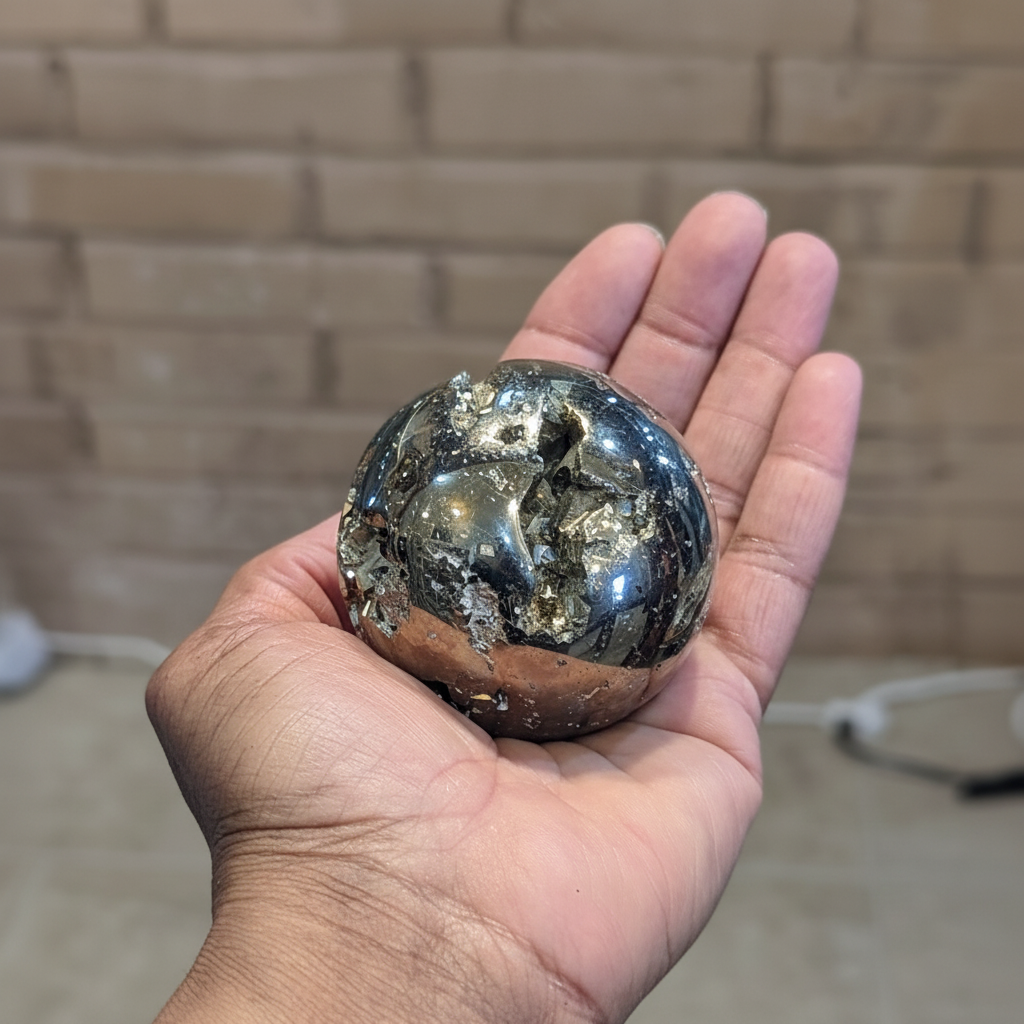 Metallic Pyrite sphere, approximately 2–3 inches held in hand to show approximate scale