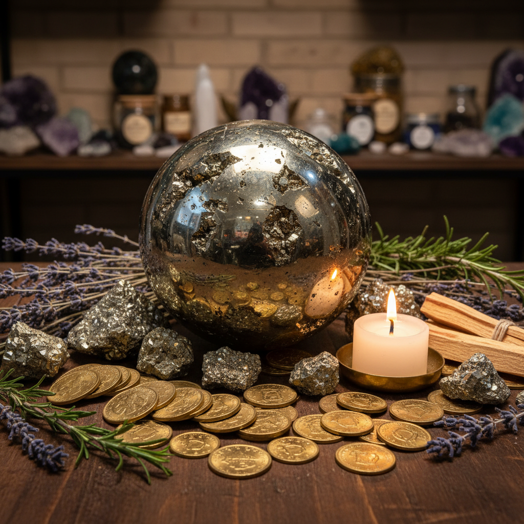 Metallic Pyrite sphere, approximately 2–3 inches displayed in a calm styled setting