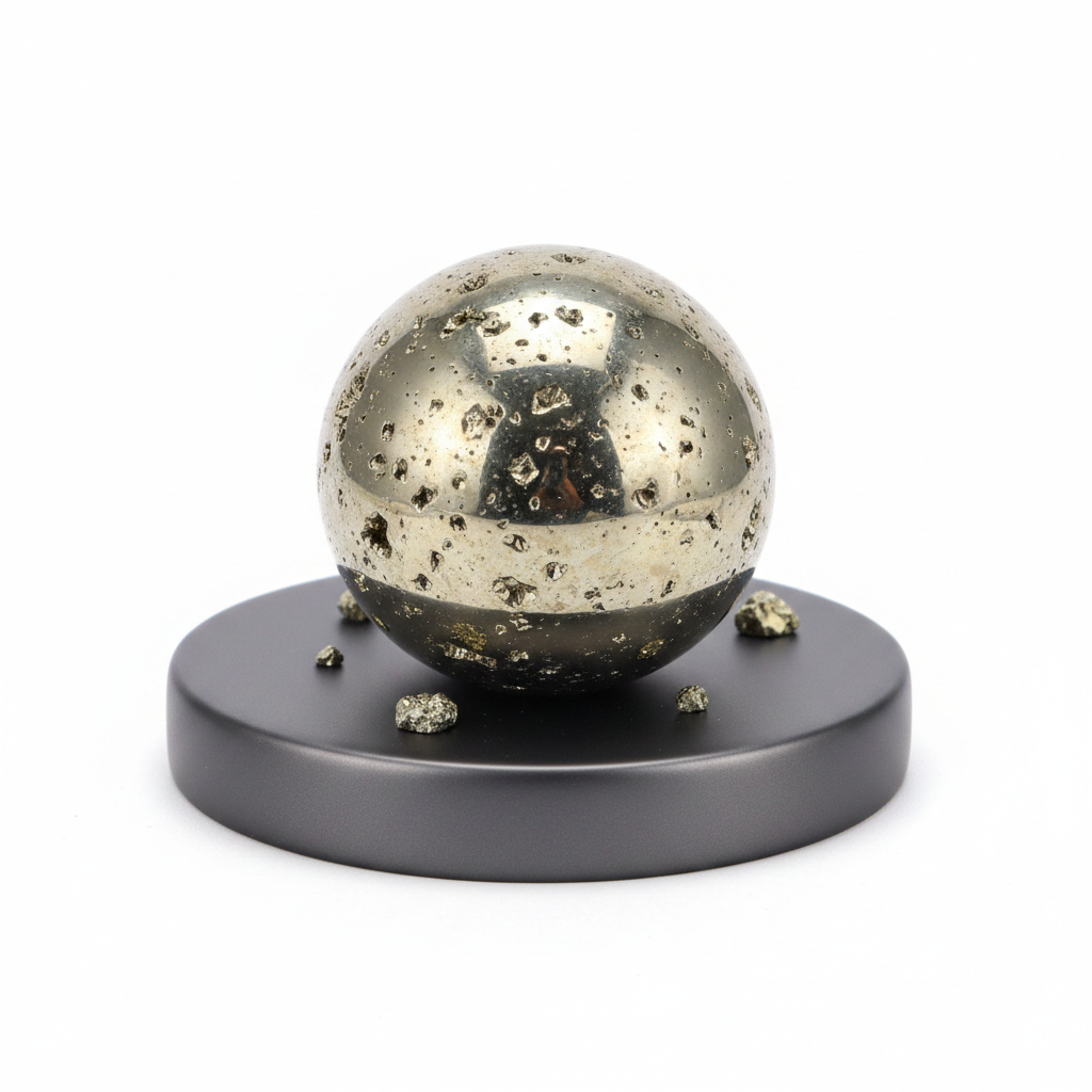 Metallic Pyrite sphere, approximately 2–3 inches on a clean light background