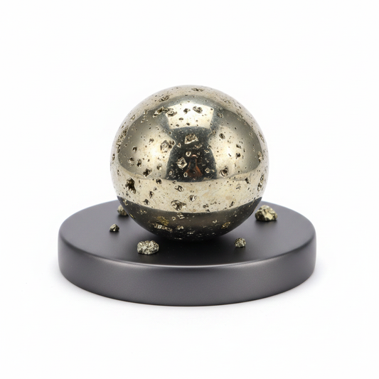 Metallic Pyrite sphere, approximately 2–3 inches on a clean light background