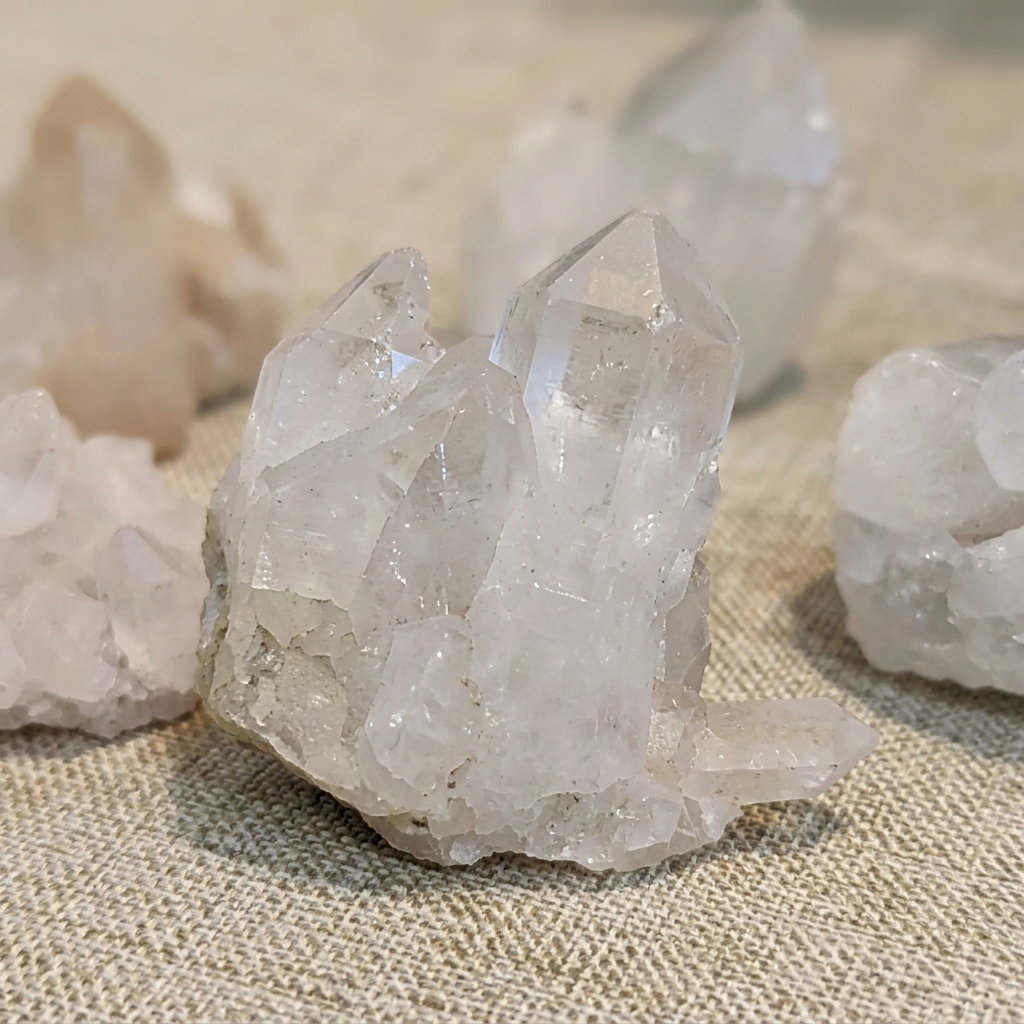 Large Clear Quartz cluster showing natural crystal points close-up