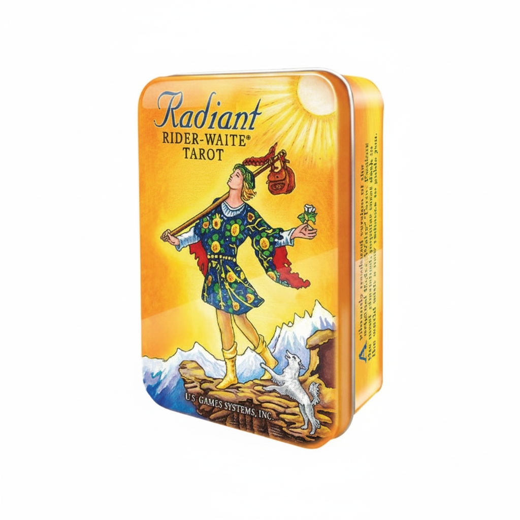 Radiant Rider-Waite Tarot Deck in a Tin – Pocket Edition shown in its retail box