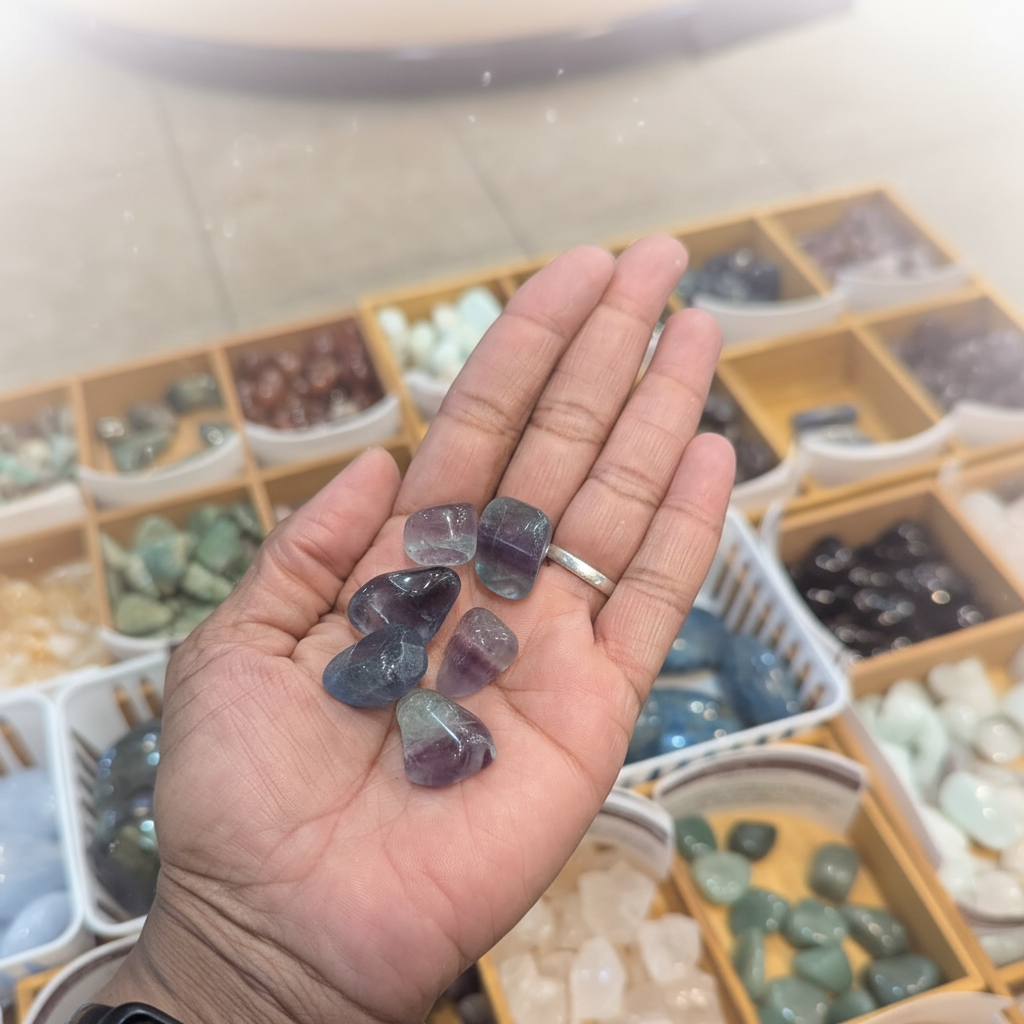 Rainbow Fluorite - Tumbled displayed in a calm lifestyle setting for scale and styling inspiration.