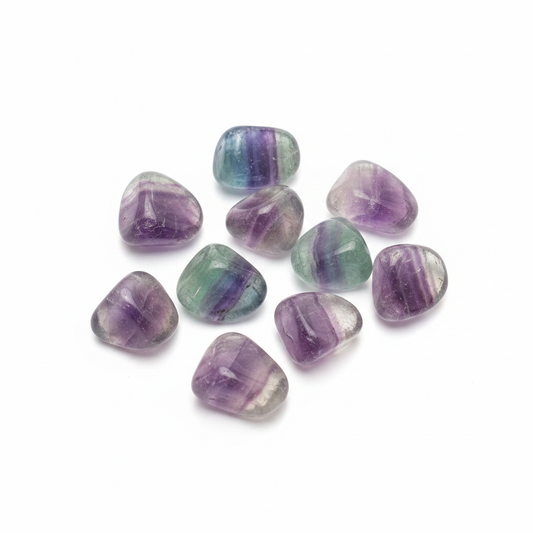 Rainbow Fluorite - Tumbled shown clearly on a clean white background, highlighting its color, shape, and natural variation.