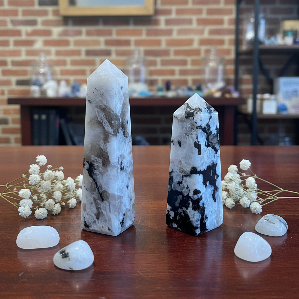 Polished 4-inch Rainbow Moonstone obelisk with natural dark inclusions displayed in a calm styled setting
