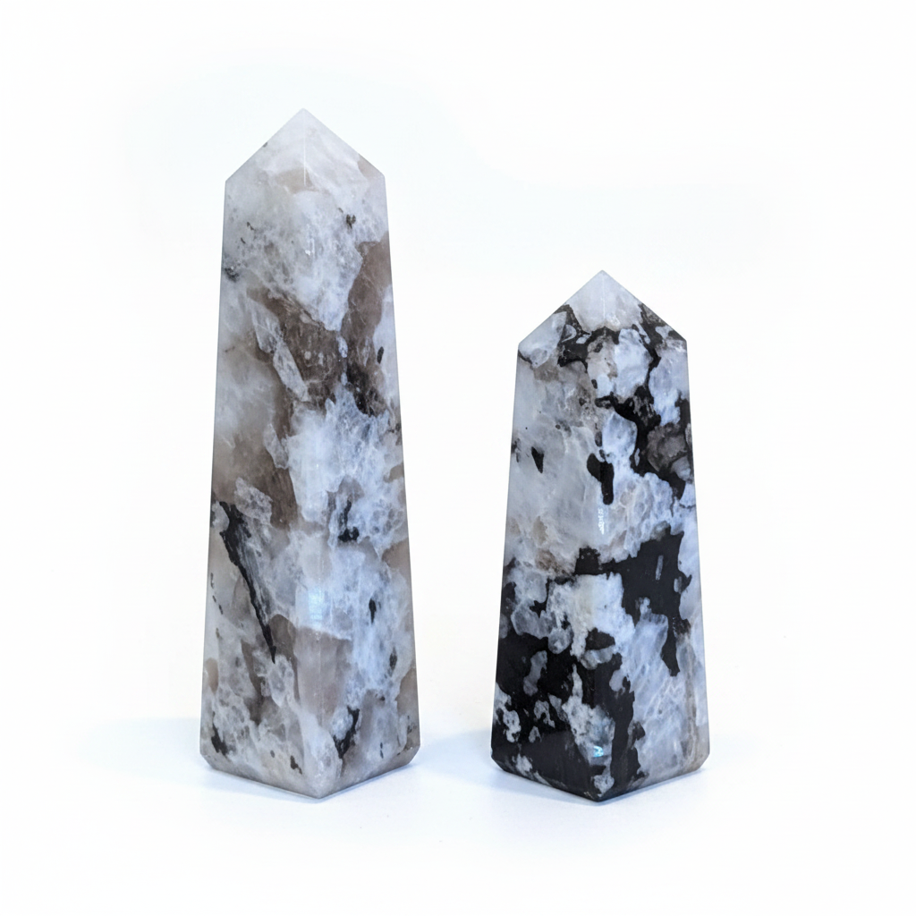 Polished 4-inch Rainbow Moonstone obelisk with natural dark inclusions on a clean light background