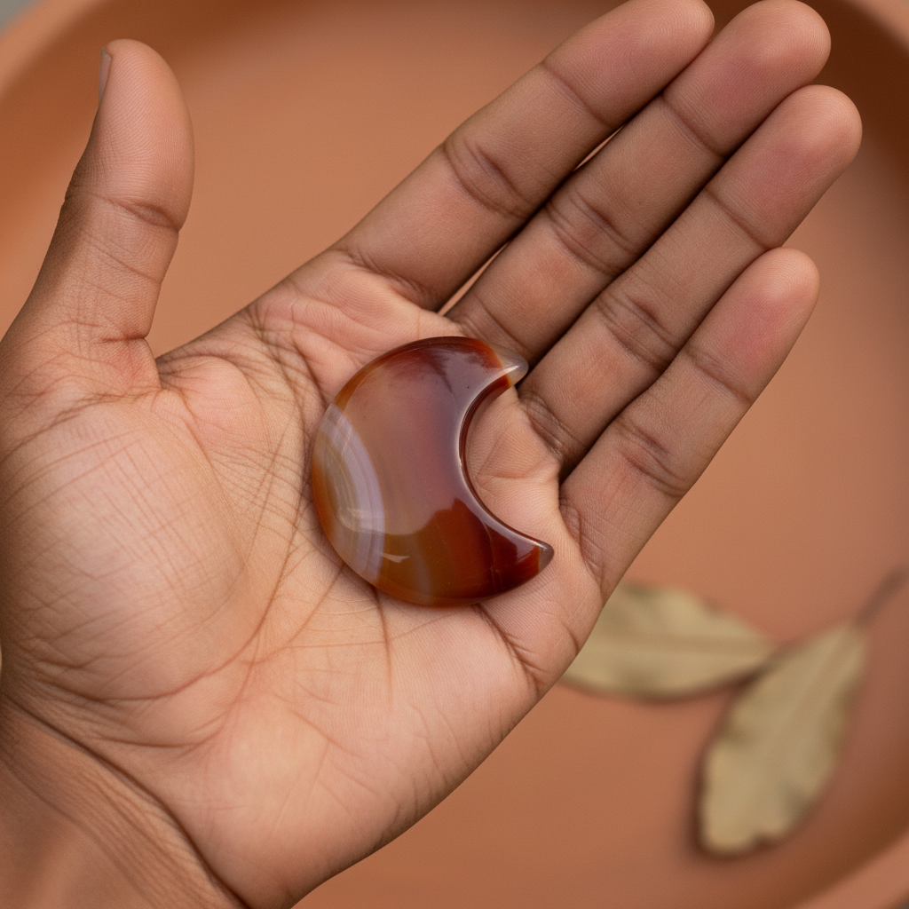 Red Agate Crescent Moon displayed in a calm lifestyle setting for scale and styling inspiration.