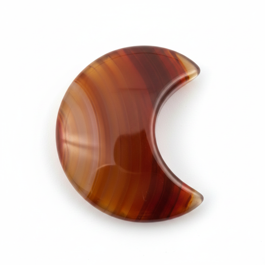 Red Agate Crescent Moon shown clearly on a clean white background, highlighting its color, shape, and natural variation.
