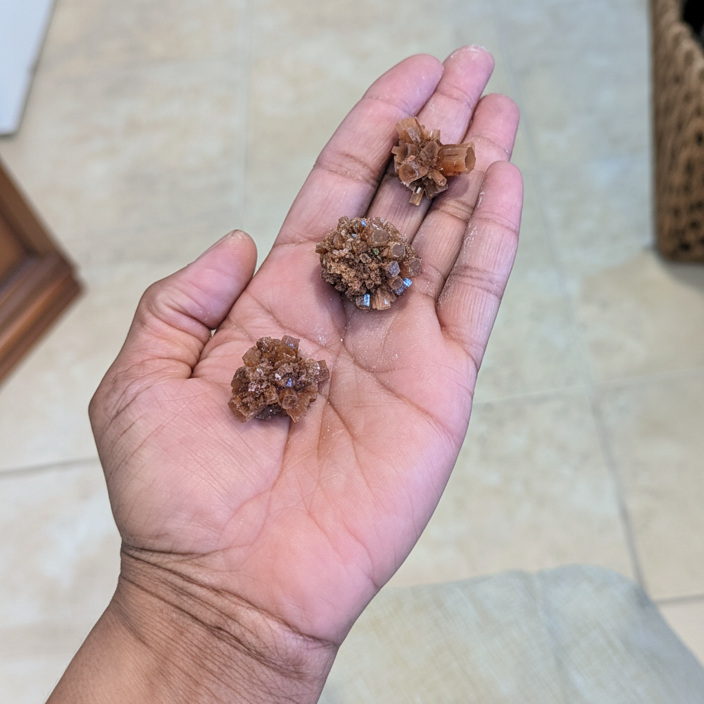Small natural Red Aragonite star clusters held in hand to show approximate scale