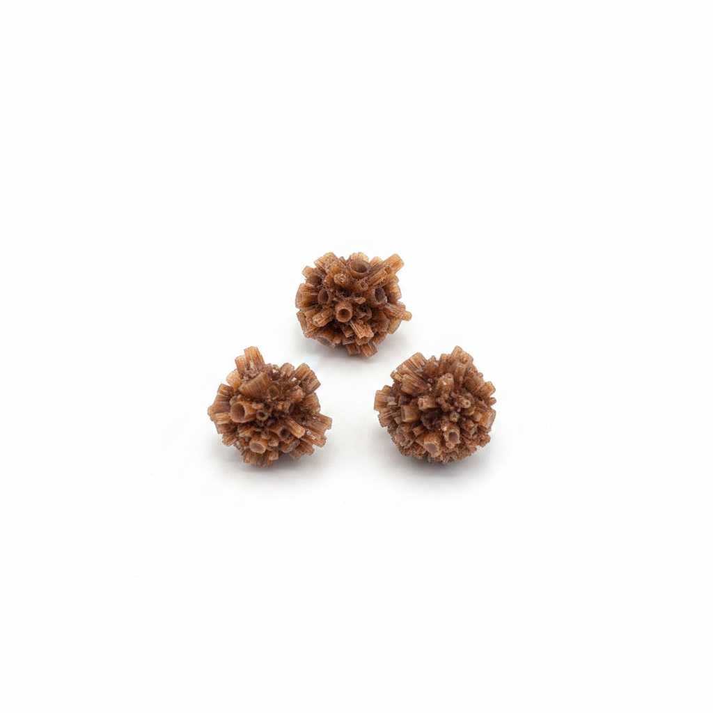 Small natural Red Aragonite star clusters on a clean light background