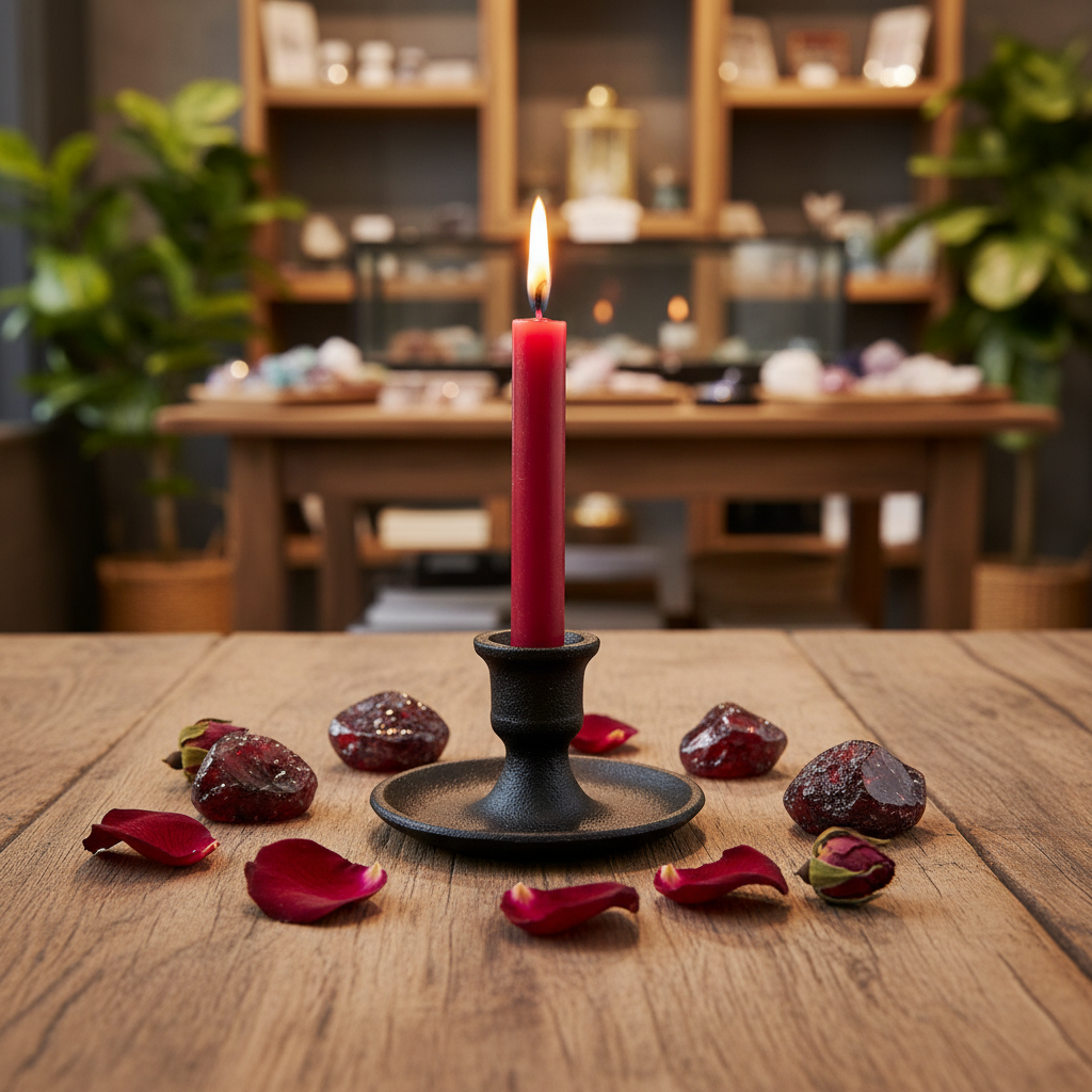 Red 4-inch ritual chime candle displayed in a black cast iron holder