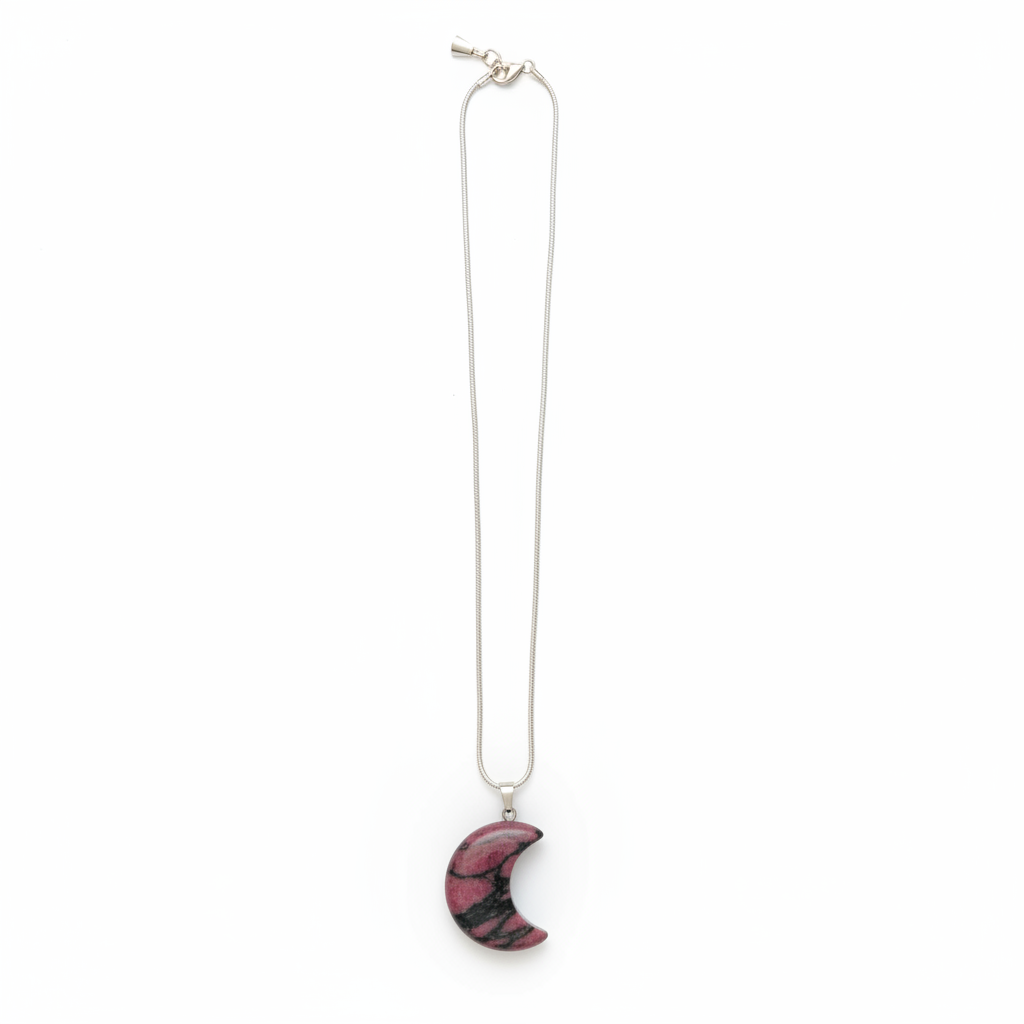 Pink and black Rhodonite crescent moon pendant with chain on a white background