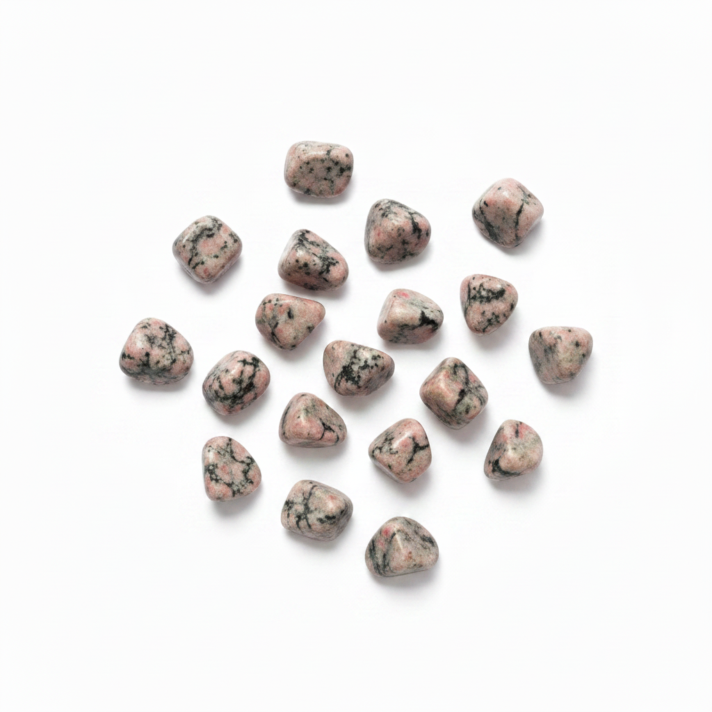 Rhodonite Tumbled Small shown clearly on a clean white background, highlighting its color, shape, and natural variation.