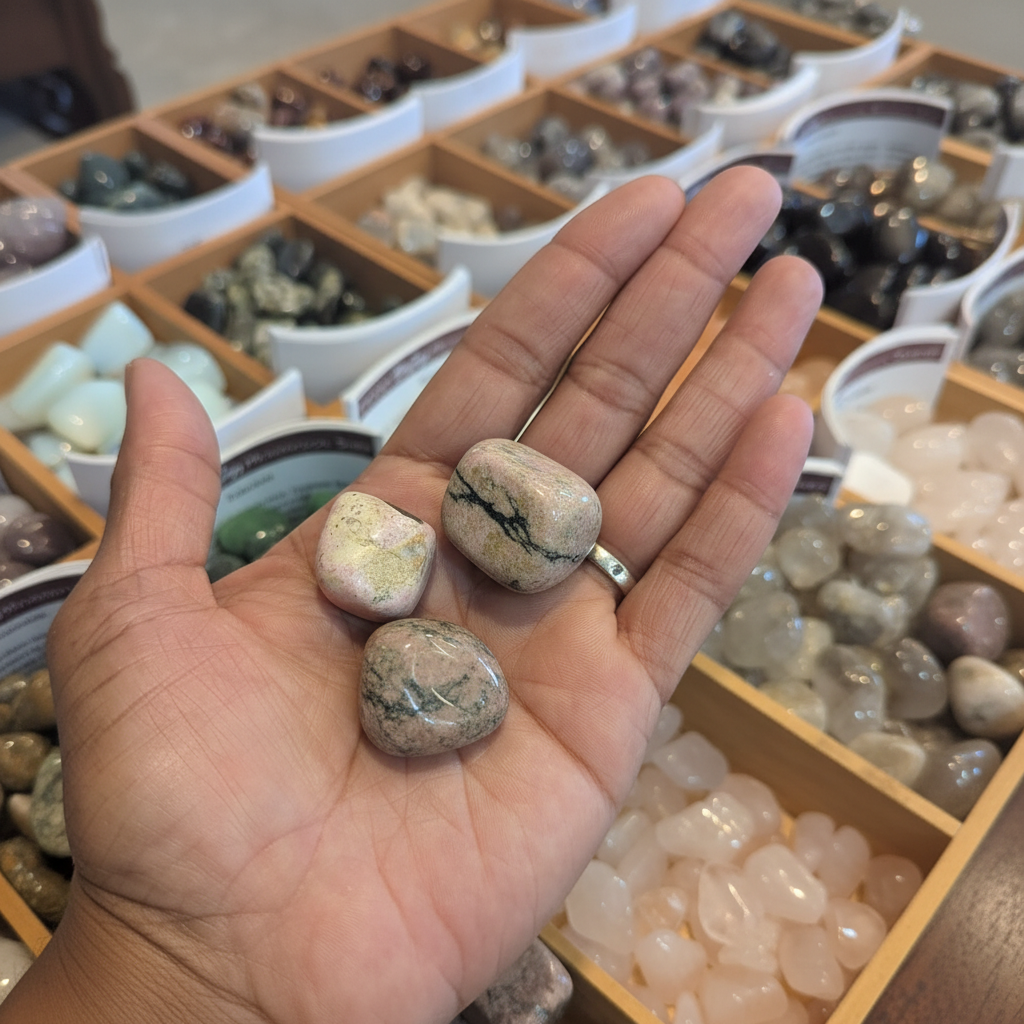 Rhodonite Tumbled Stones displayed in a calm lifestyle setting for scale and styling inspiration.