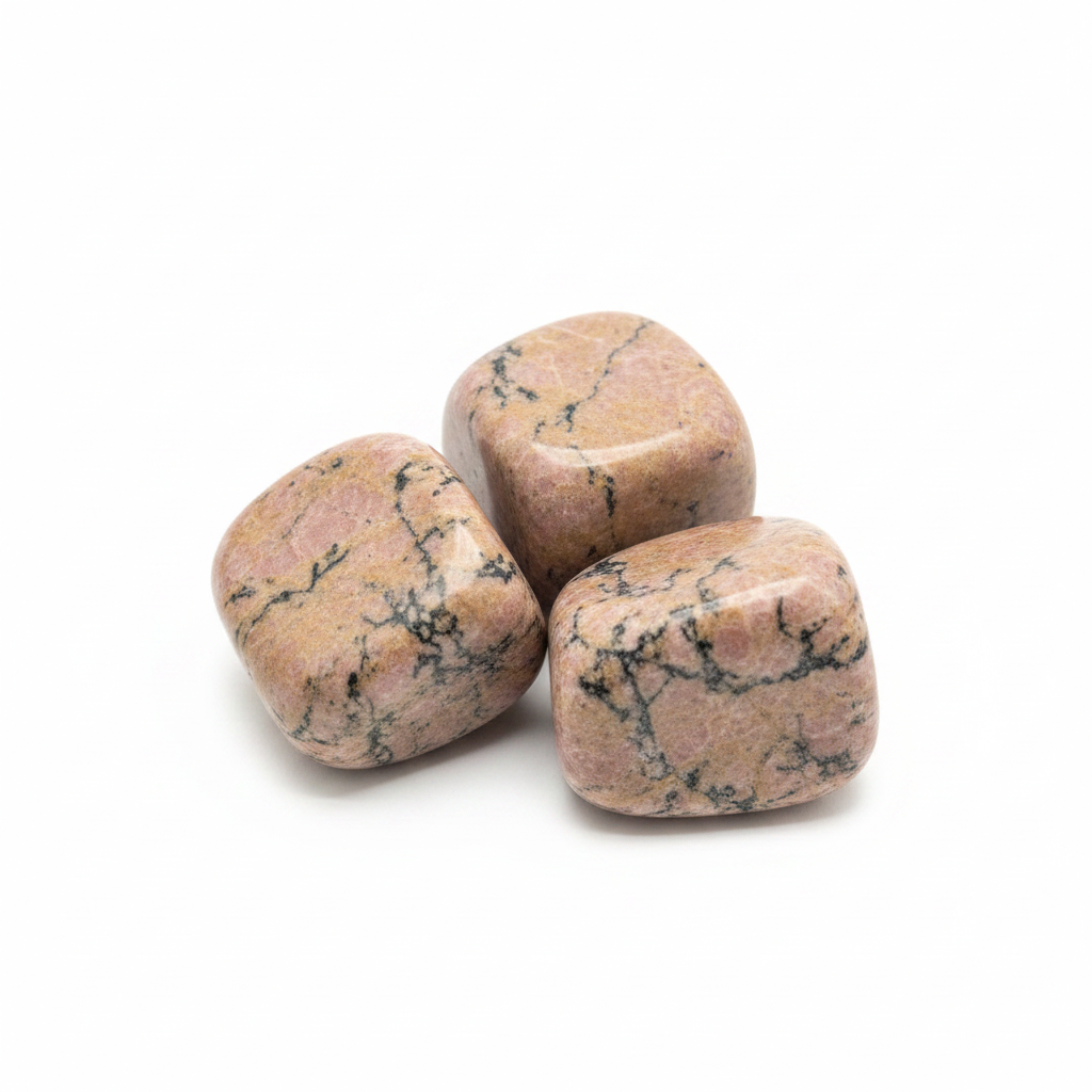 Rhodonite Tumbled Stones shown clearly on a clean white background, highlighting its color, shape, and natural variation.
