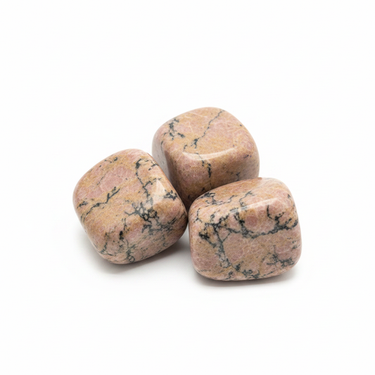 Rhodonite Tumbled Stones shown clearly on a clean white background, highlighting its color, shape, and natural variation.