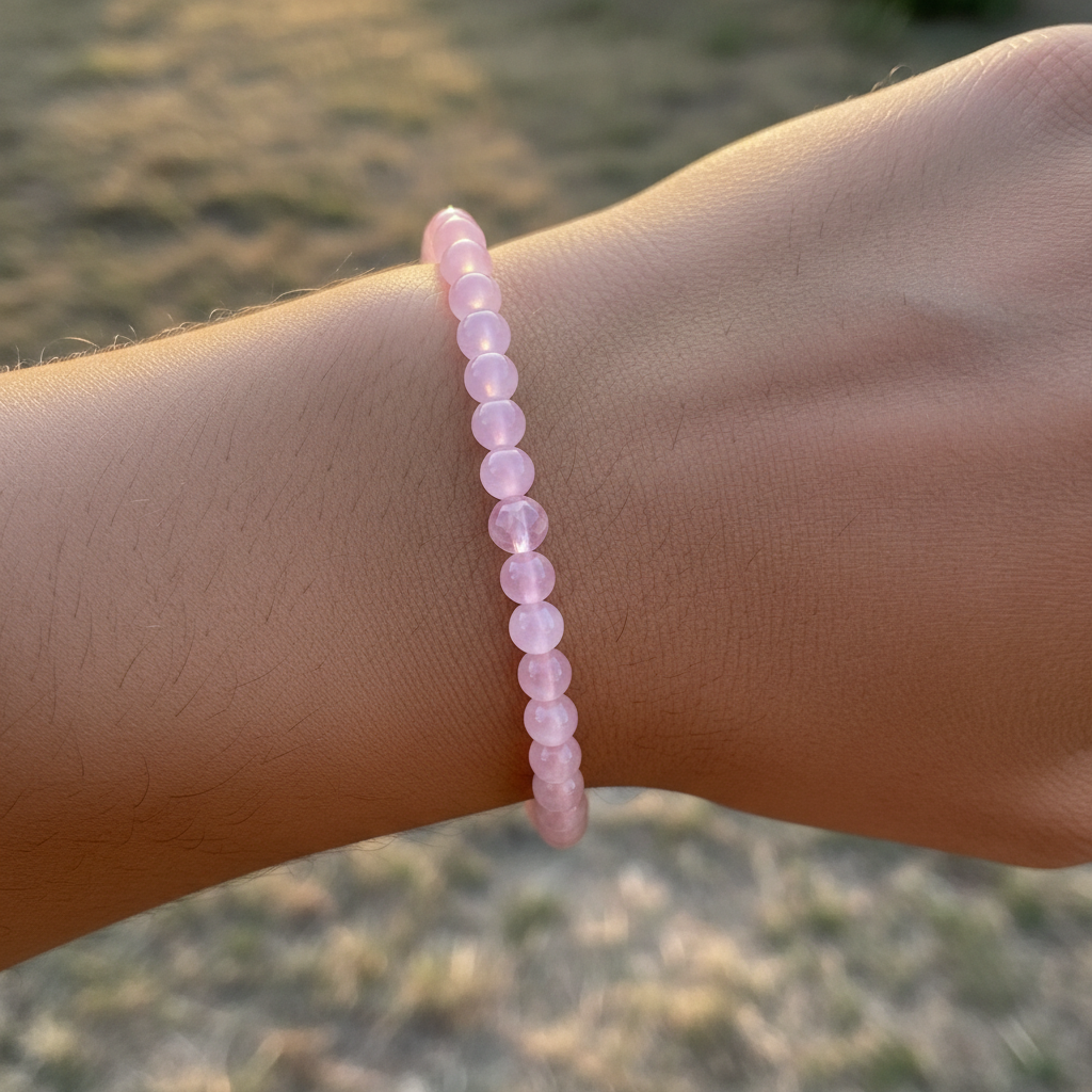 Lifestyle view of a Rose Quartz 4mm bead bracelet worn on the wrist