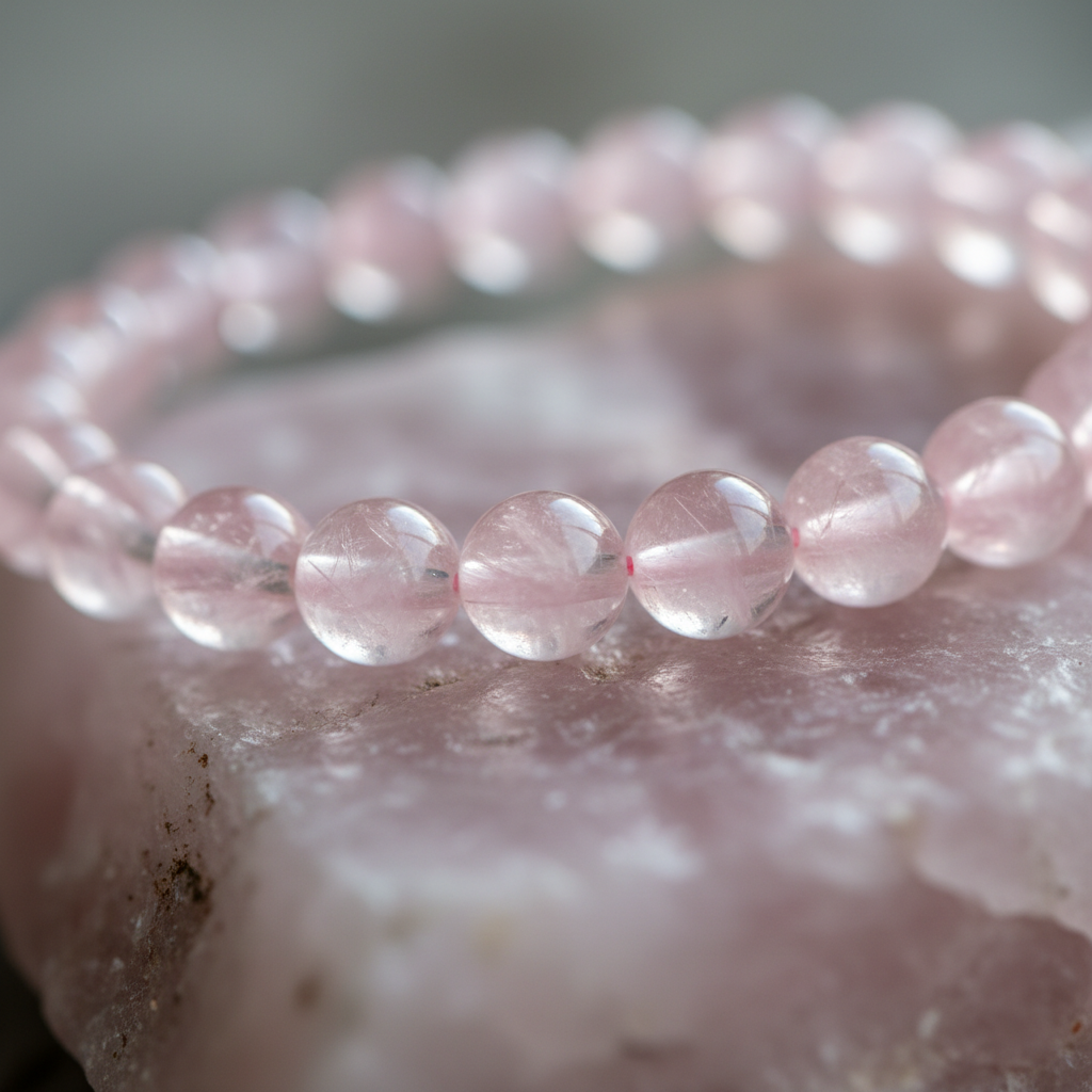 Close-up view of petite polished pink Rose Quartz 4mm beads and natural variations
