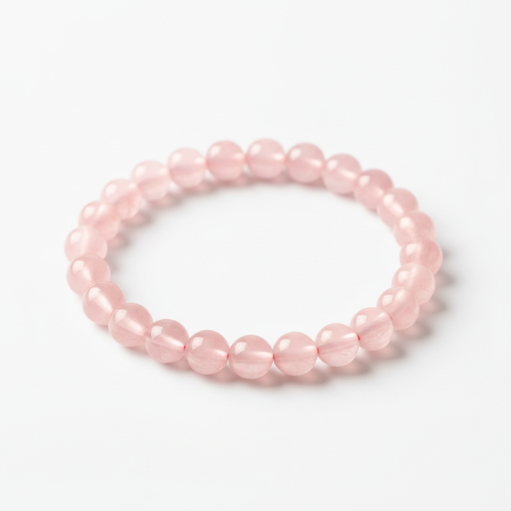 Rose Quartz 4mm stretch bracelet with petite polished pink beads on a white background