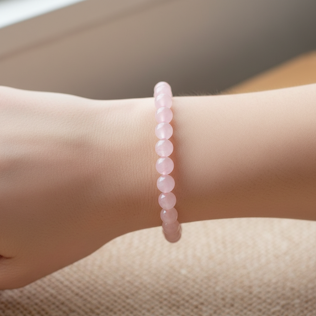 Lifestyle view of a Rose Quartz 8mm bead bracelet worn on the wrist