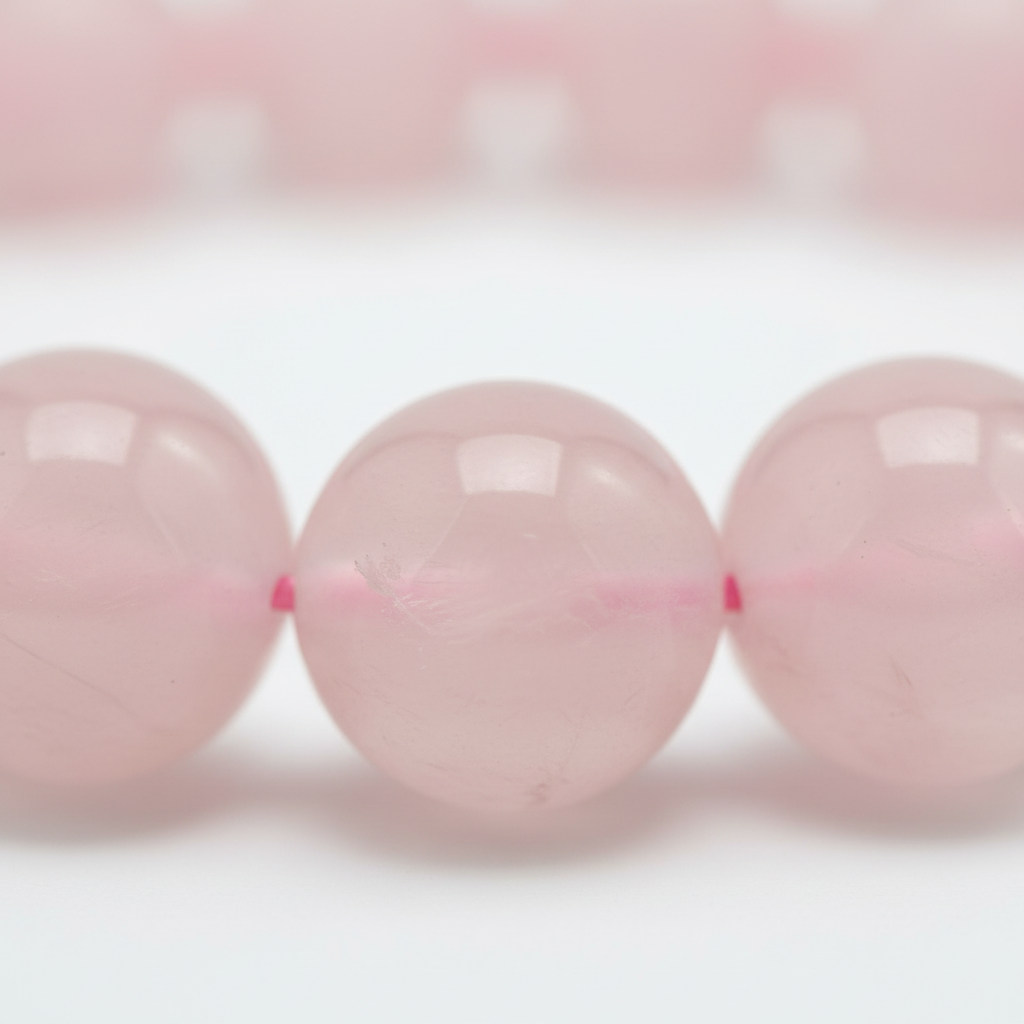 Close-up view of polished pink Rose Quartz 8mm beads and natural variations