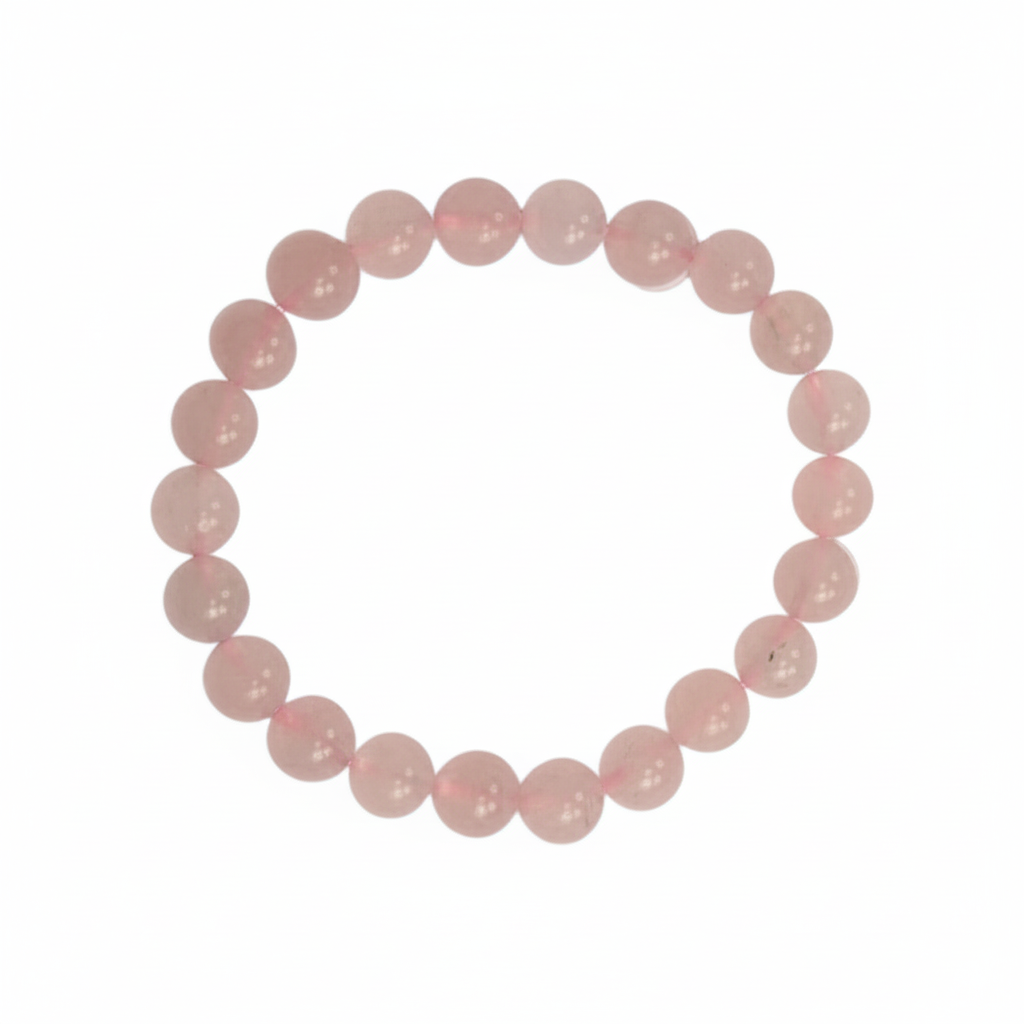 Rose Quartz 8mm stretch bracelet with polished pink beads on a white background
