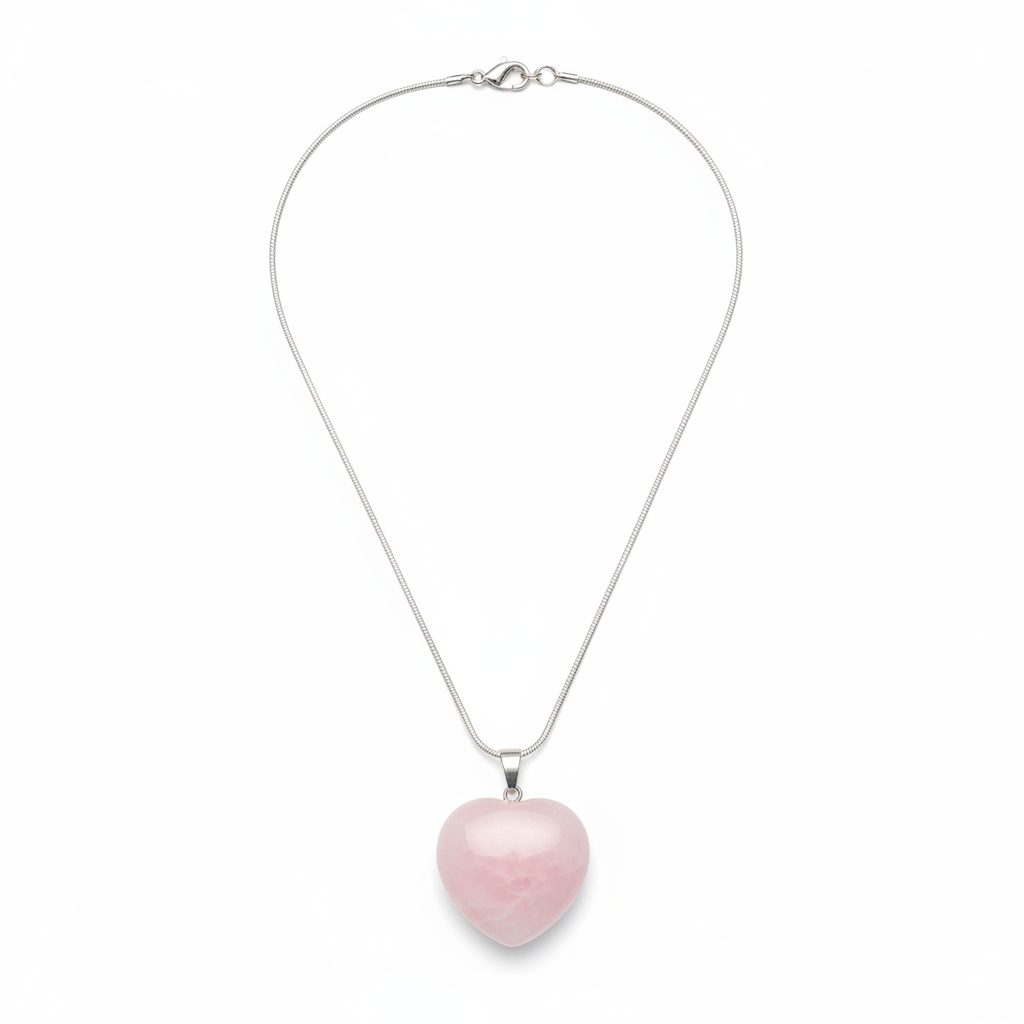 Pink Rose Quartz heart pendant on a white background