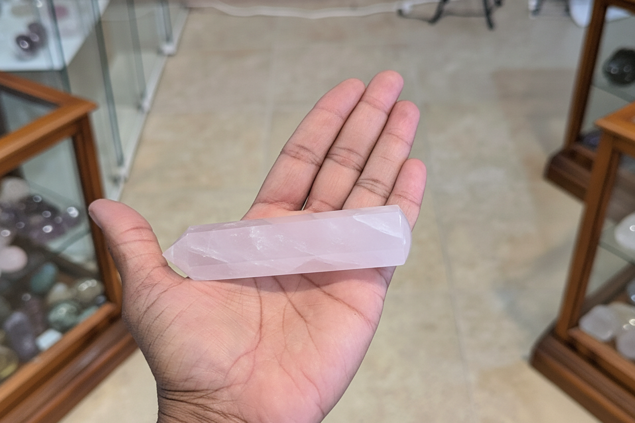 Rose Quartz Massage Wand, Large held in hand to show approximate scale