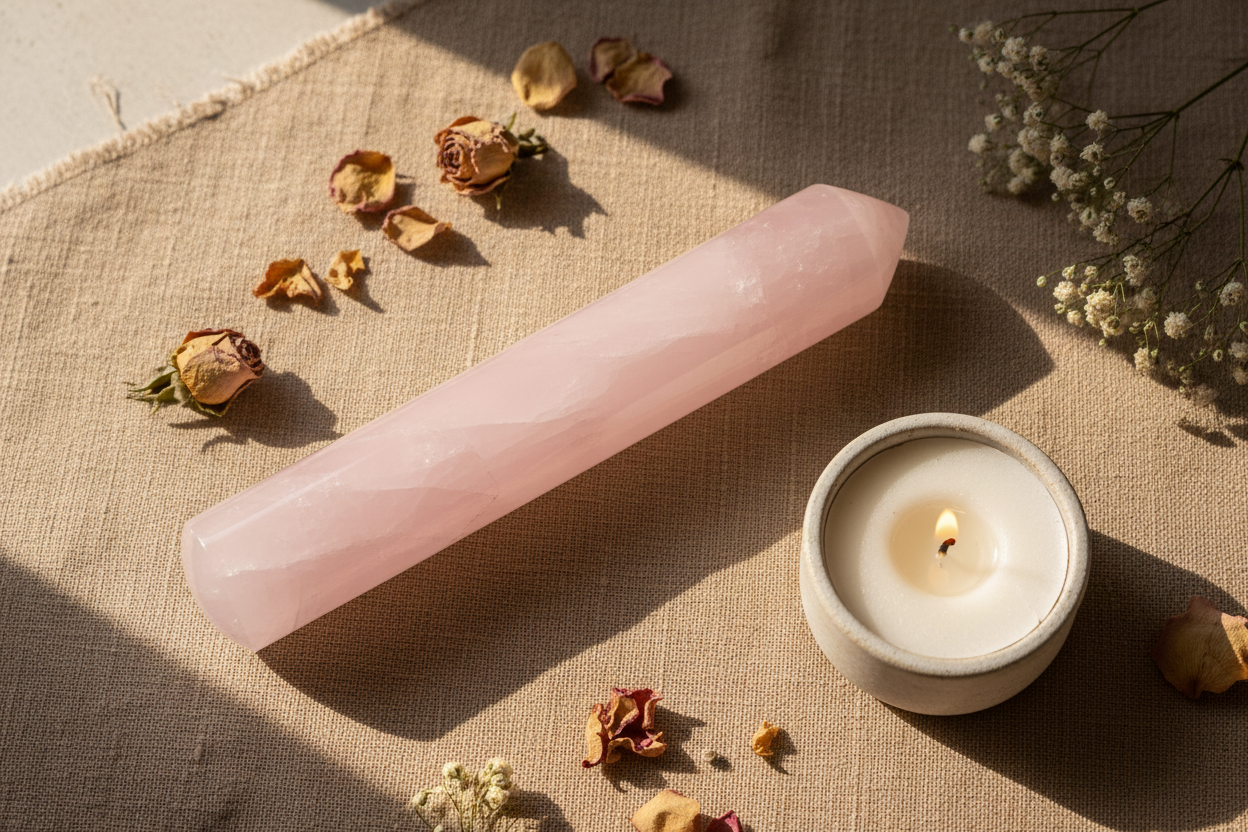 Rose Quartz Massage Wand, Large displayed in a calm styled setting
