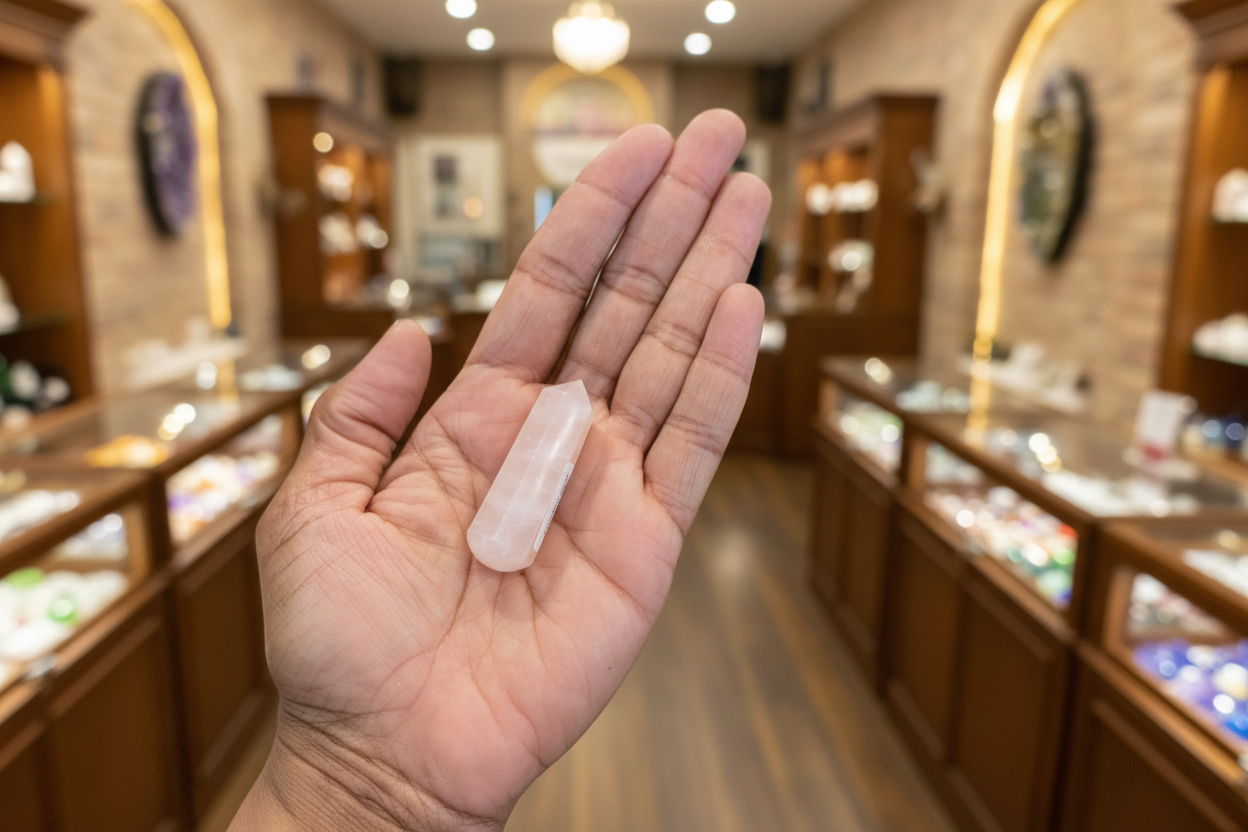 2-Inch Rose Quartz Massager with 6 Facets – Love and Healing held in hand to show approximate scale