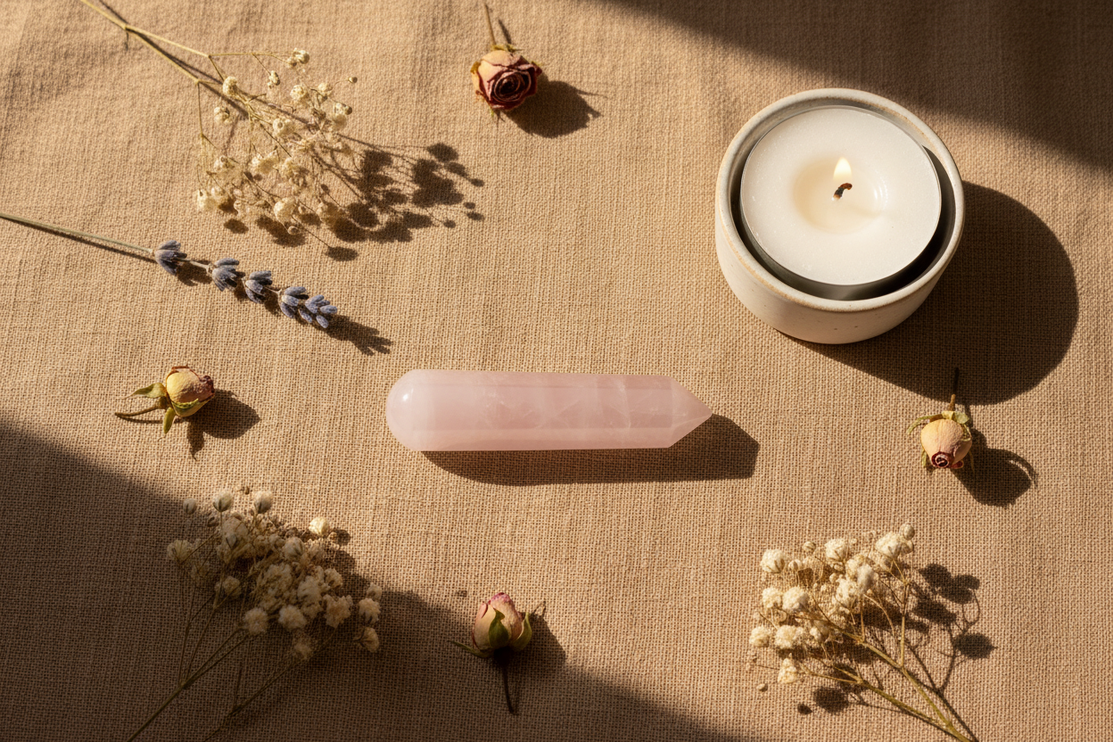 2-Inch Rose Quartz Massager with 6 Facets – Love and Healing displayed in a calm styled setting
