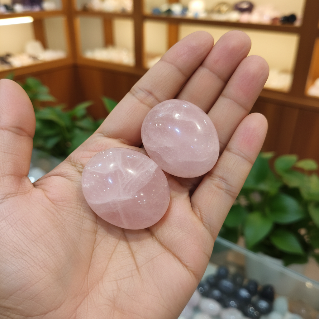 Rose Quartz pebble palm stone held in hand to show its size and smooth shape