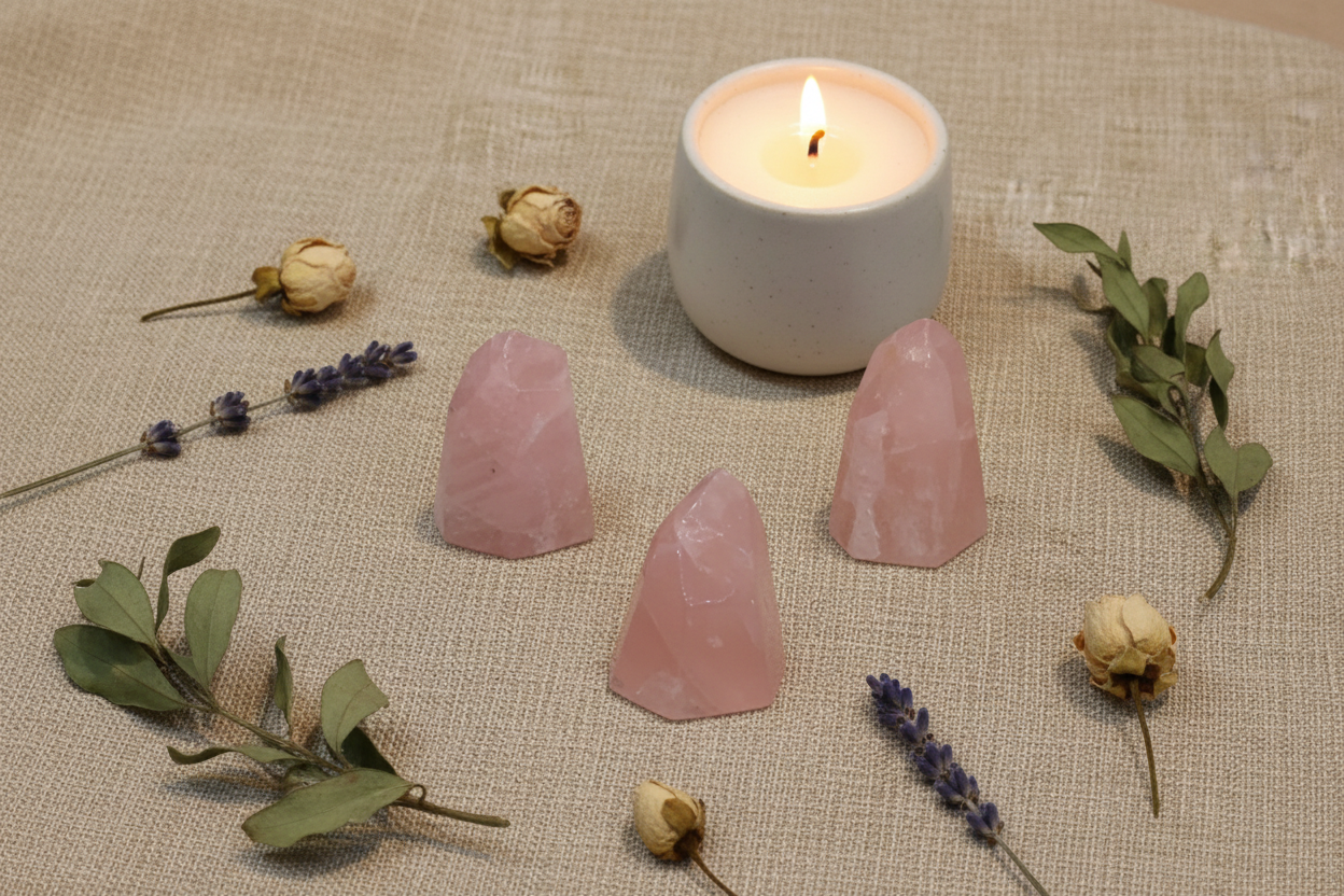 Points - Rose Quartz, 1"-2" displayed in a calm styled setting