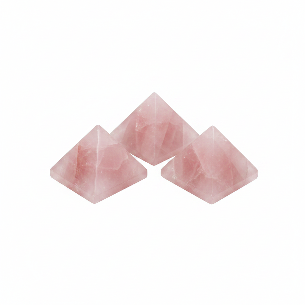 Polished Rose Quartz Pyramid, approximately 25–30mm, on a white background