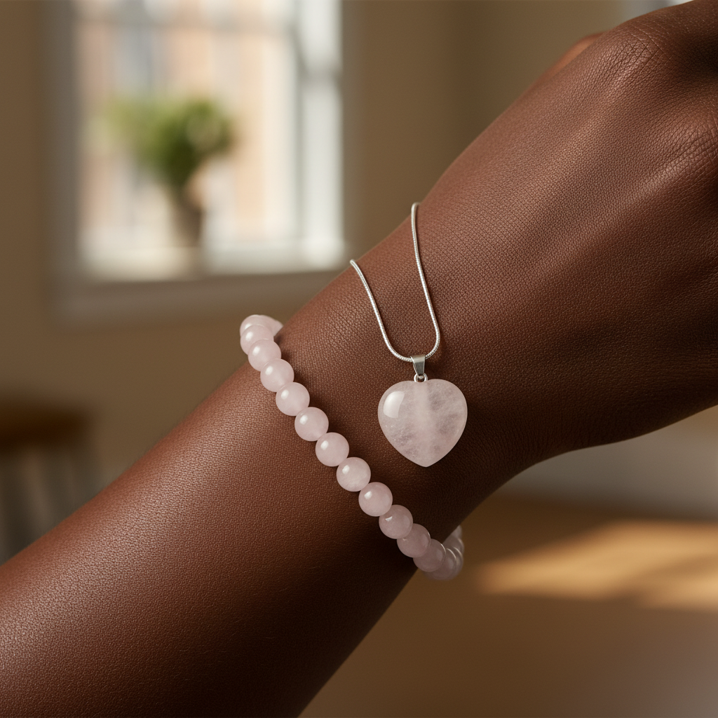 Rose Quartz pendant and bracelet set styled in a gentle lifestyle setting
