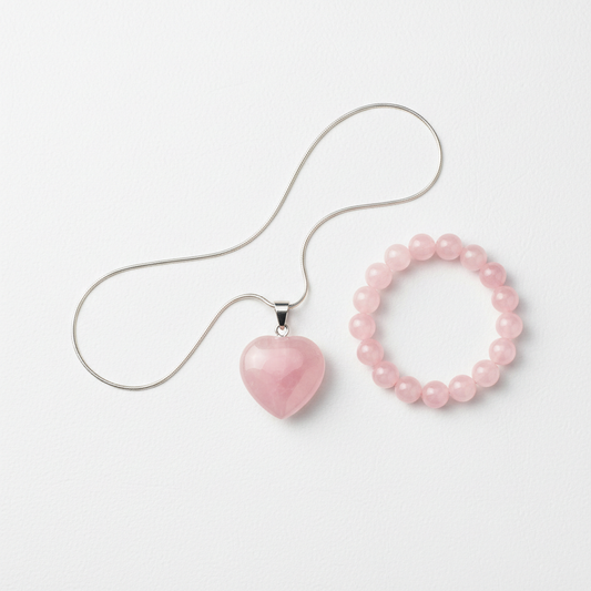 Rose Quartz pendant and beaded bracelet set on a white background