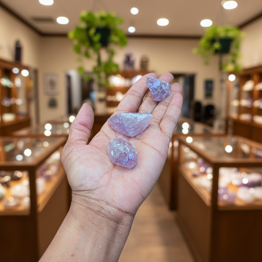 Rough Amethyst Chunks natural crystal held in hand to show approximate scale