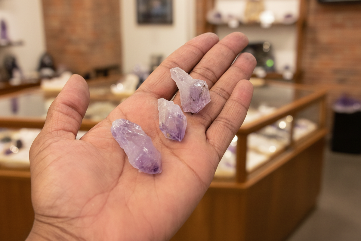Rough Amethyst held in hand to show approximate scale