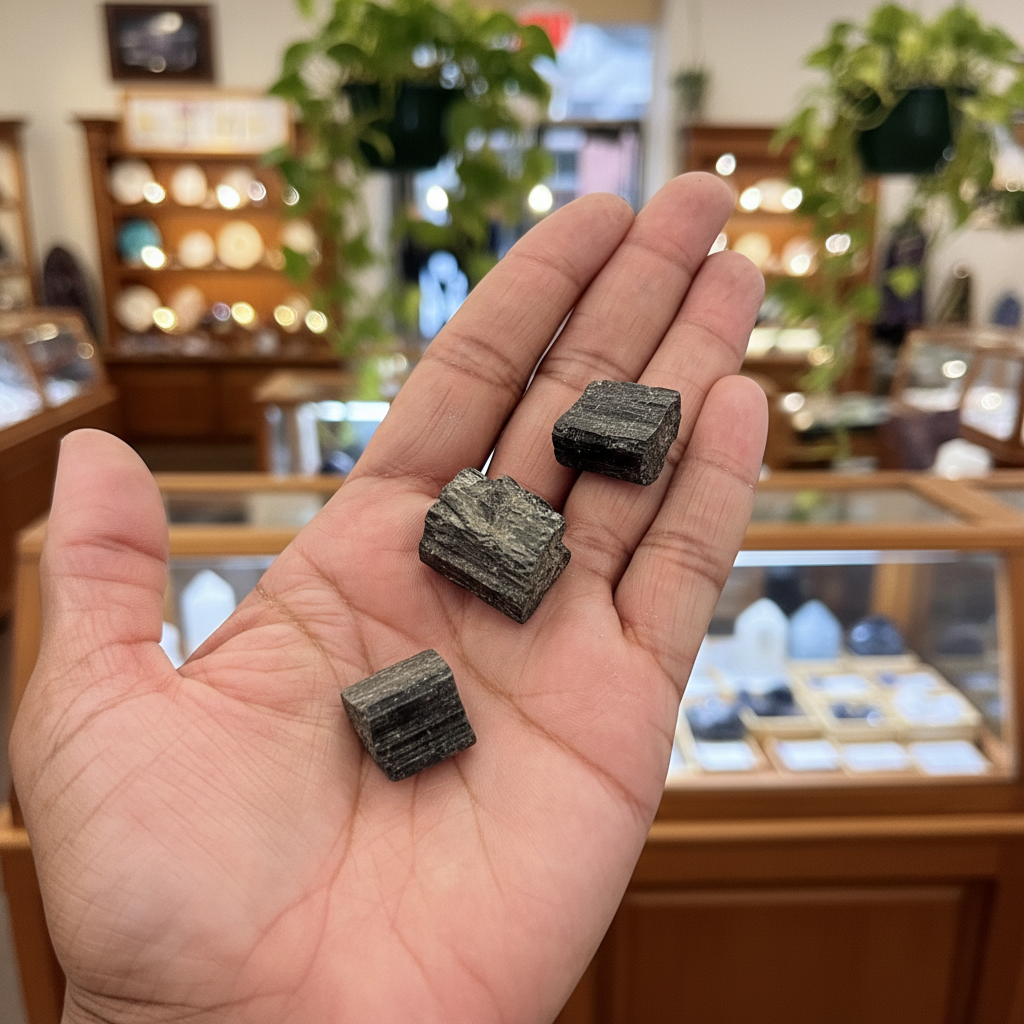 Rough Black Tourmaline natural crystal held in hand to show approximate scale