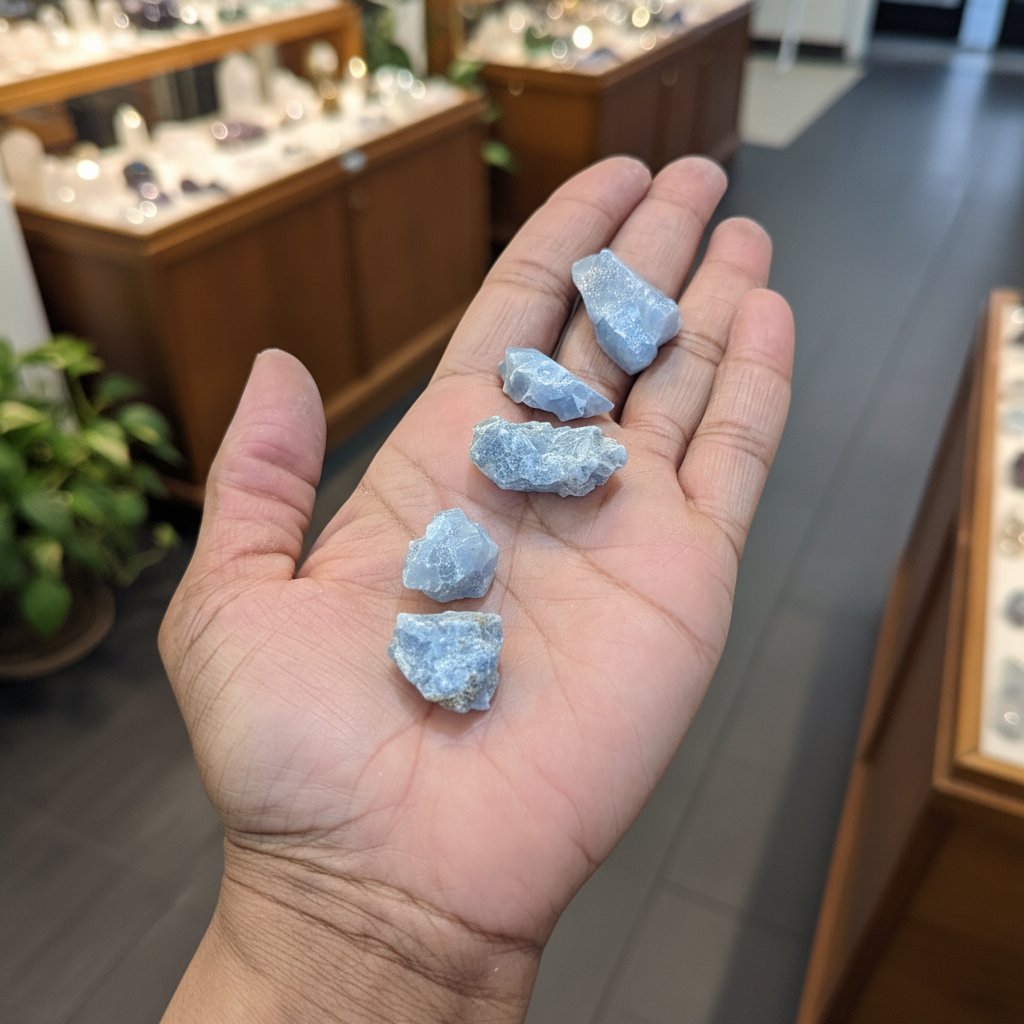 Rough Blue Calcite natural crystal held in hand to show approximate scale
