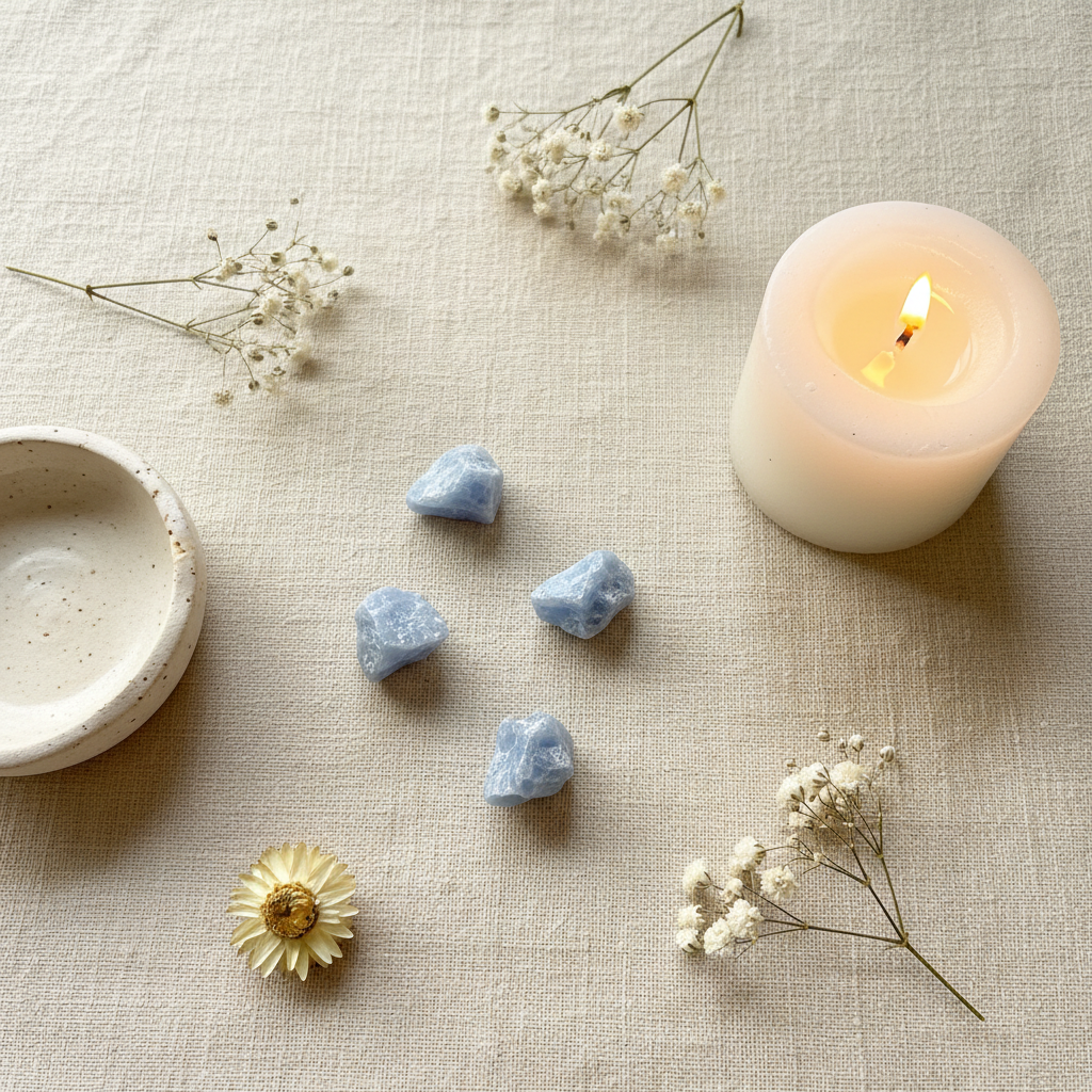 Rough Blue Calcite natural crystal displayed in a calm styled setting