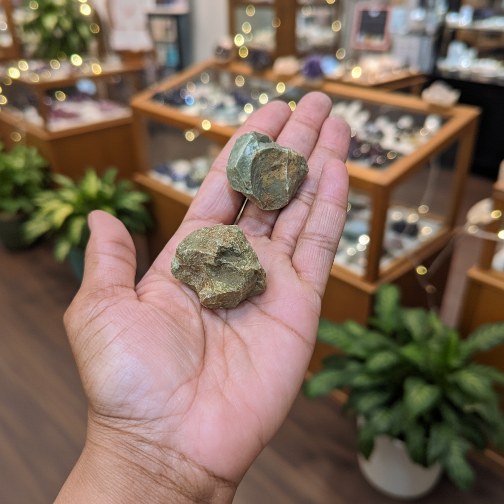 Rough Chrysoprase Chunks natural crystal held in hand to show approximate scale