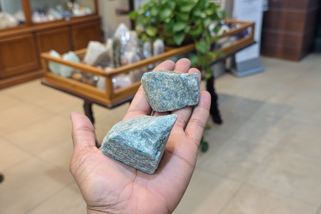 Rough Green Aventurine held in hand to show approximate scale