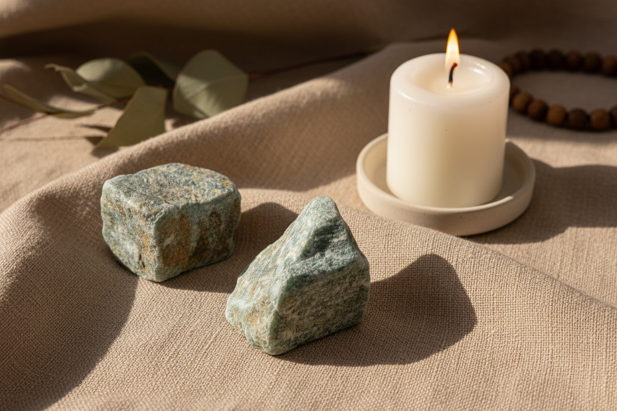 Rough Green Aventurine displayed in a calm styled setting