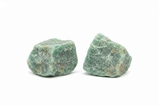 Rough Green Aventurine shown on a clean light background