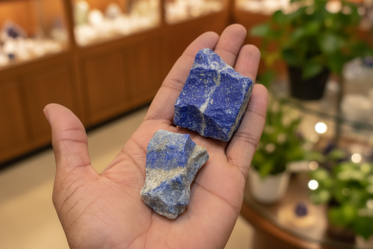 Rough Lapis Azuli held in hand to show approximate scale