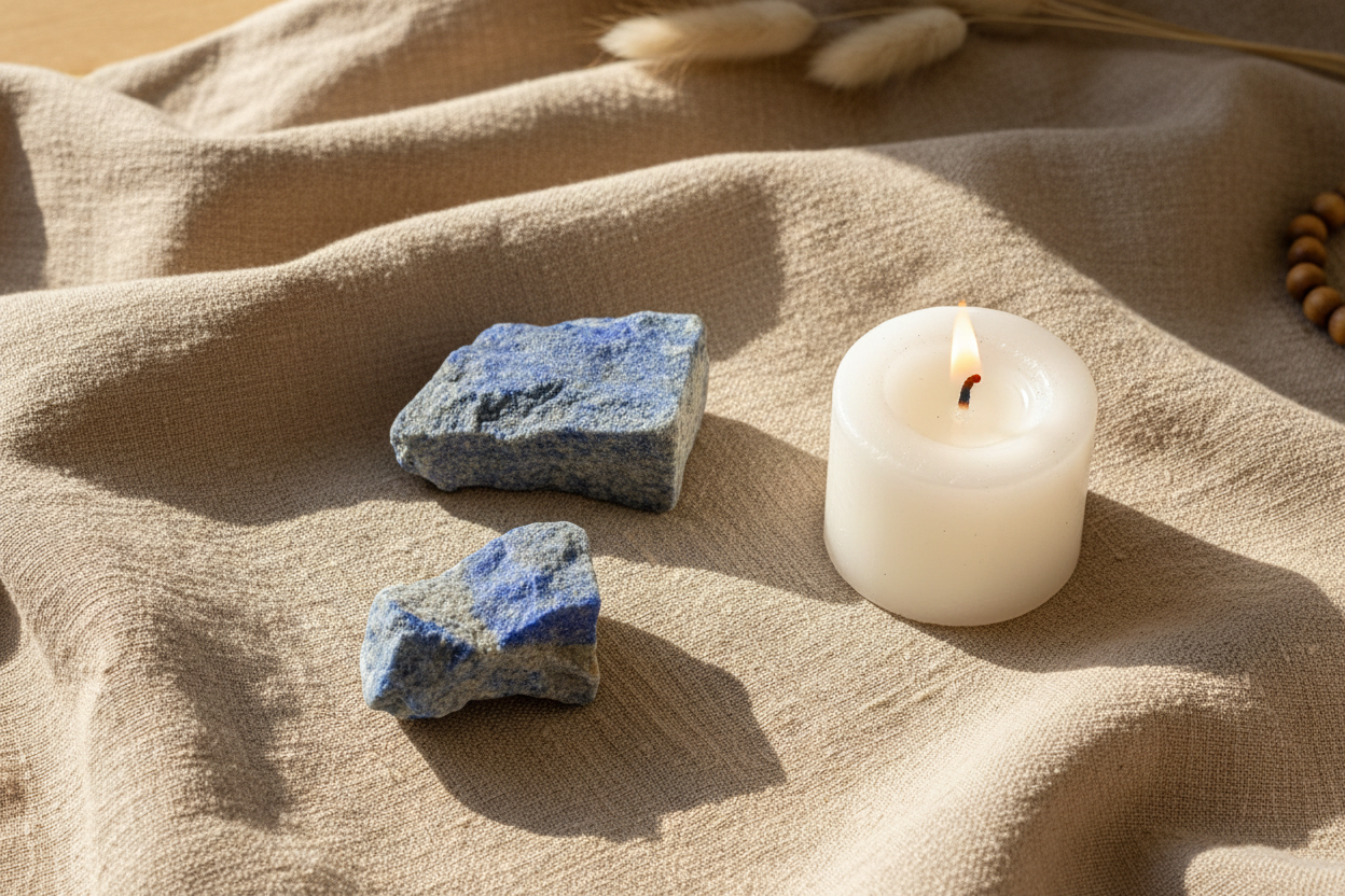 Rough Lapis Azuli displayed in a calm styled setting