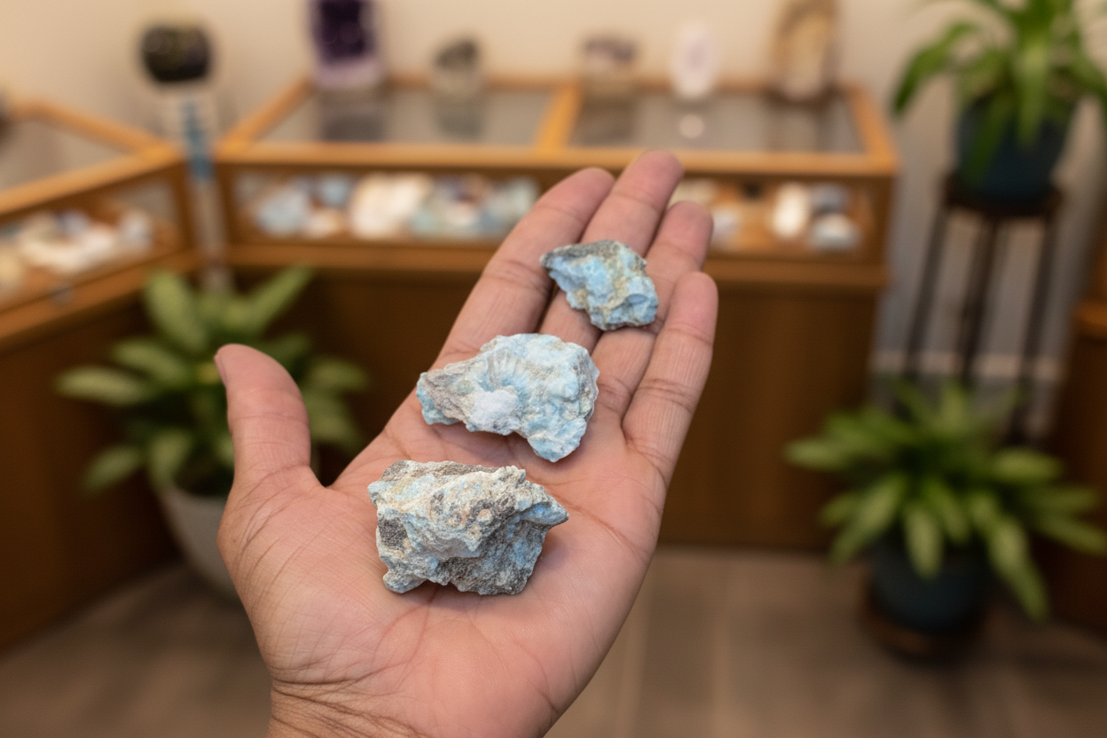 Rough Larimar held in hand to show approximate scale