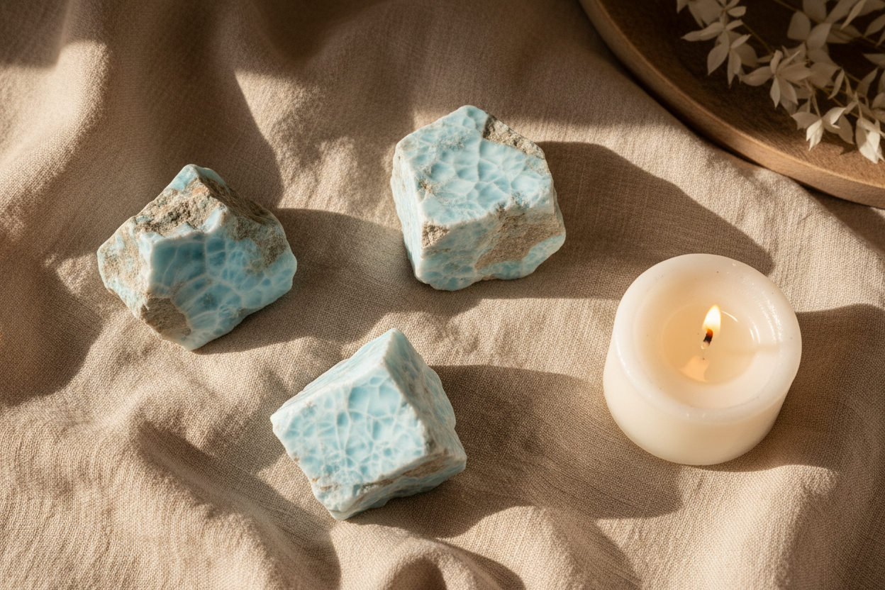 Rough Larimar displayed in a calm styled setting
